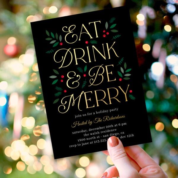 Christmas Party - Eat Drink and Be Merry Foil Classic Dinner Party Invitations